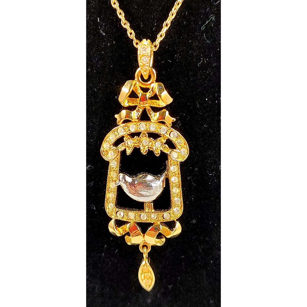 Signed Tatiana Faberge Imperial Collection Rhinestone Bird 18" Pendant Necklace